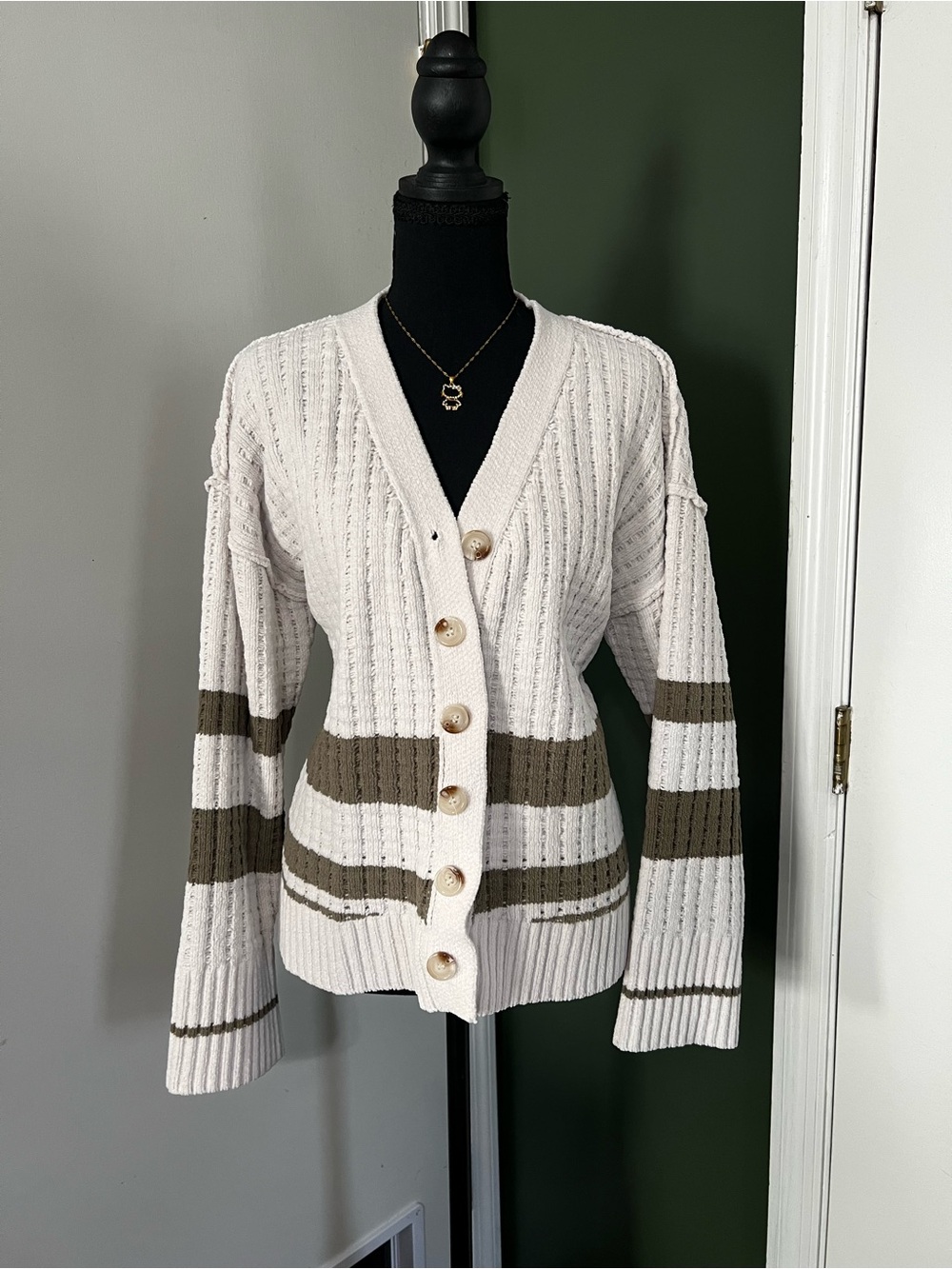 Cream Striped Button-Up Women's Sweater Cardigan